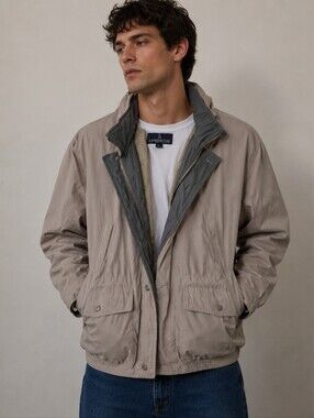 London Fog Size L Men's Beige and Gray Jacket Hood Folds into Collar